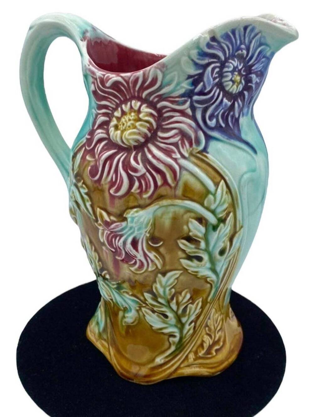 French Majolica Frie Onnaing Pitcher Gift Early 1900s Chrysanthemum